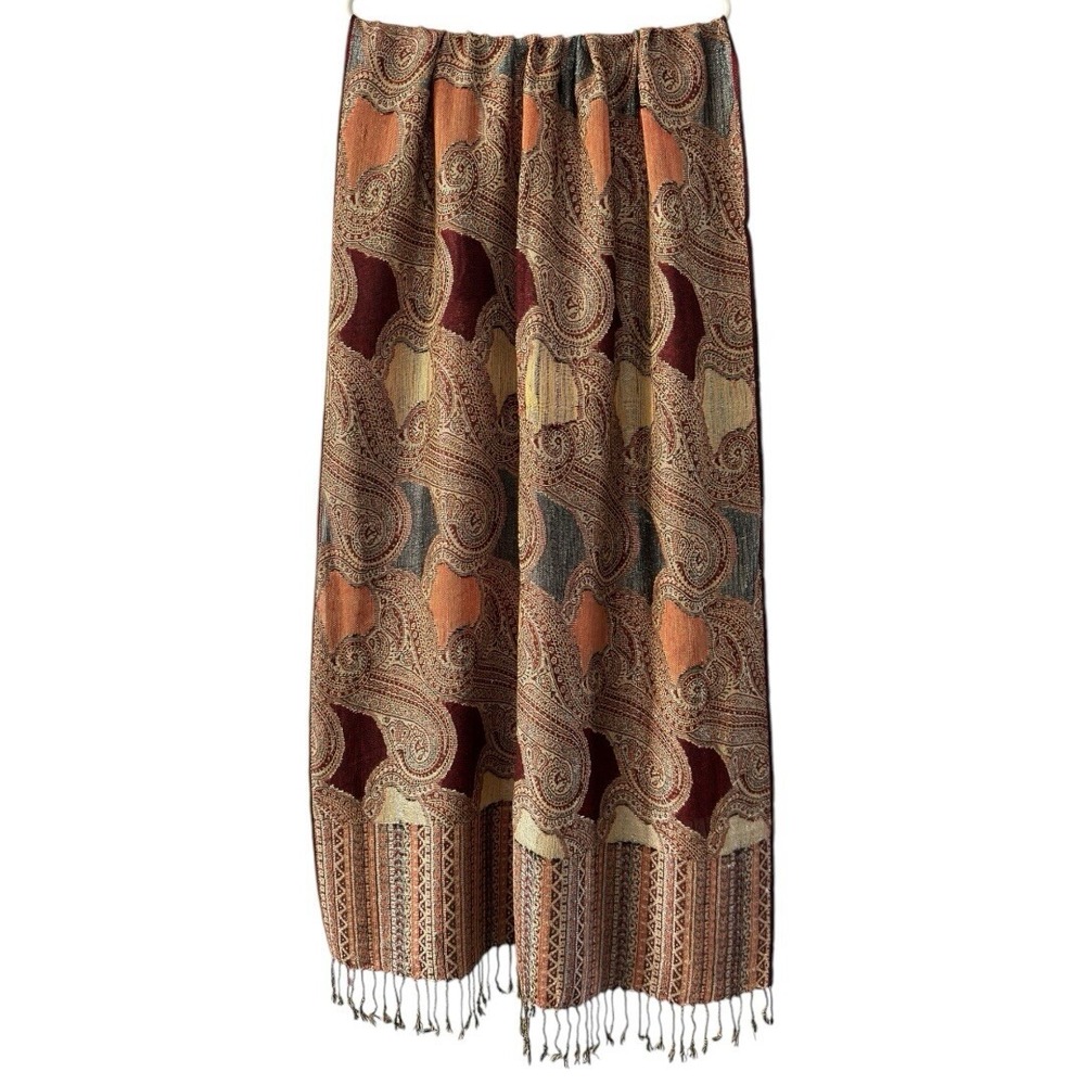Vintage Luxury Brown Pashmina Silk Scarf Metallic Red Gold‎ Paisley Fringe Wrap